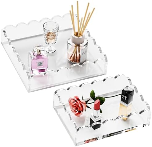 Scalloped Acrylic Tray 2 Pack, Clear Acrylic Decorative Tray for Vanity Jewelry Display, Countertop Organizer Tray for Perfume Makeup, 7 x 5 Inch 8 x 8 Inch Acrylic Organizer for Bathroom Home Decor