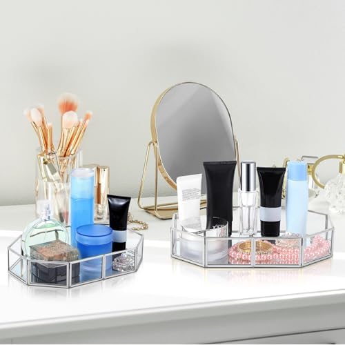 Jetec 3 Pieces Mirror Glass Vanity Tray Silver Ornate Makeup Tray Metal Vintage Octagonal Perfume Dresser Trays for Bedroom Home Decor Dresser Hotel, 3 Sizes