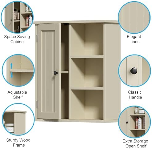 Treocho Bathroom Wall Cabinet, Medicine Cabinet with Door and 3 Open Shelves, Wall Mounted Storage Organizer for Bathroom, Kitchen, Living Room, Yellow