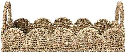 Household Essentials Seagrass Decorative Tray with Scalloped Edge, Handwoven Natural Wicker Organizer Basket with Handles & Iron Frame for Coffee Tables, Bathrooms & Countertops
