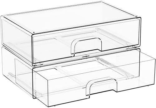 2 Pack Acrylic Drawer Organizer,12.2''W Clear Stackable Storage Drawers,Acrylic Boxes for Storage Makeup Palettes,Cosmetics,Pull Out Bathroom Storage Bins for Hair Products,Medicine Cabinet Organizer