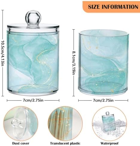 2 Pack Qtip Holder Dispenser Turquoise Marble Bathroom Storage Canister Lid 10 oz Acrylic Plastic Apothecary Jar Set Vanity Makeup Organizer for Cotton Swab/Ball/Round Pads, Floss