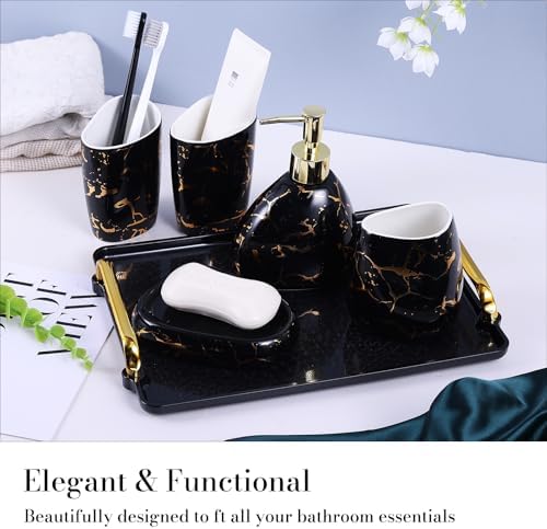 Black Bathroom Accessories Set,Gold Marble Look Bathroom Decor,Modern 6 Piece Bathroom Accessory Set,Complete with Soap Dispenser,Toothbrush Holder,Tumbler,Tray Countertop