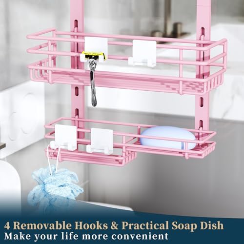 Consumest Over The Door Shower Caddy - 5 Tier Adjustable Shower Organizer Hanging with 2 Toothbrush Holders & 4 Hooks, Rustproof Organizer Shelf, Storage Rack for Bathroom, Pink