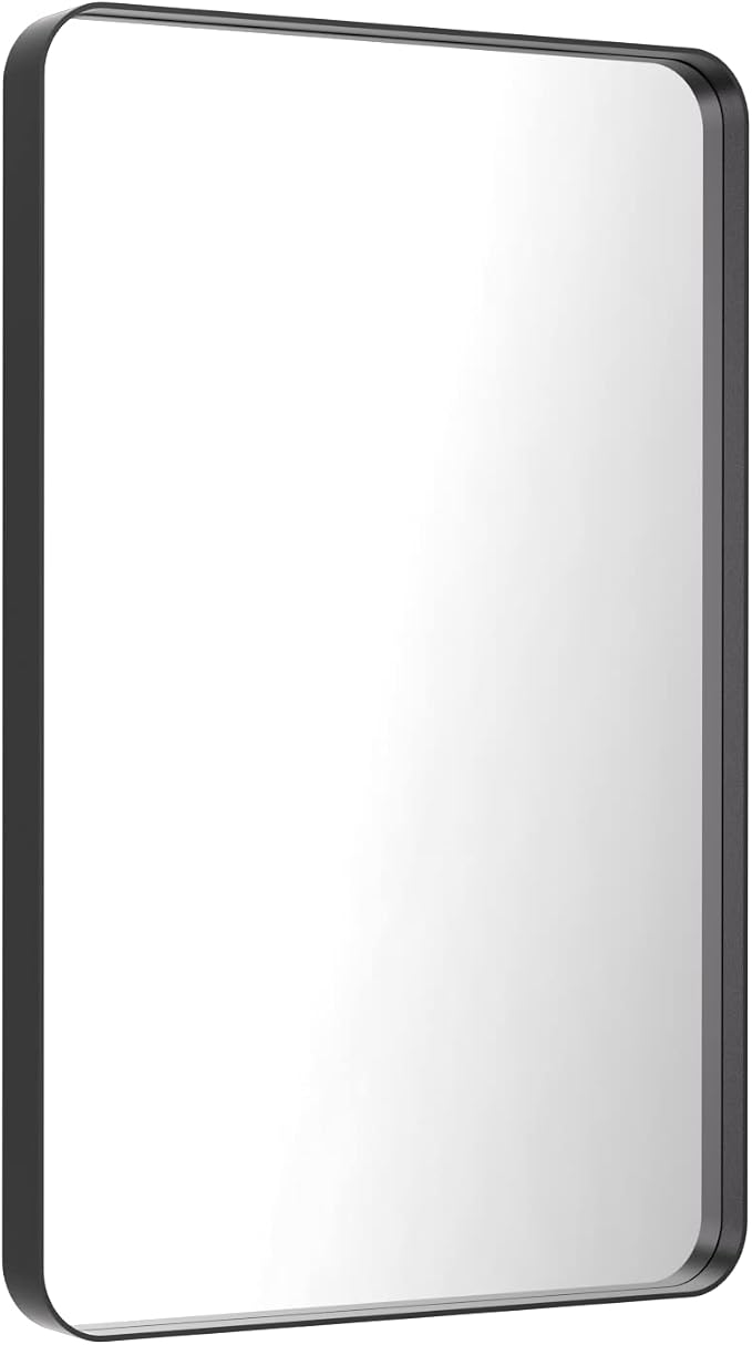 LOAAO 28X36 Inch Black Bathroom Mirror Metal Framed | Matte Black, Rounded Rectangle, Anti-Rust, Hangs Horizontally or Vertically
