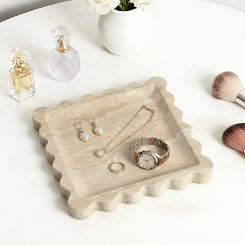 Scalloped Square Marble Decorative Tray, Natural Stone Vanity & Jewelry Tray, Trinket Organizer for Ring, Key, Dresser, Nightstand, Bathroom Counter & Kitchen Sink(Beige Travertine)