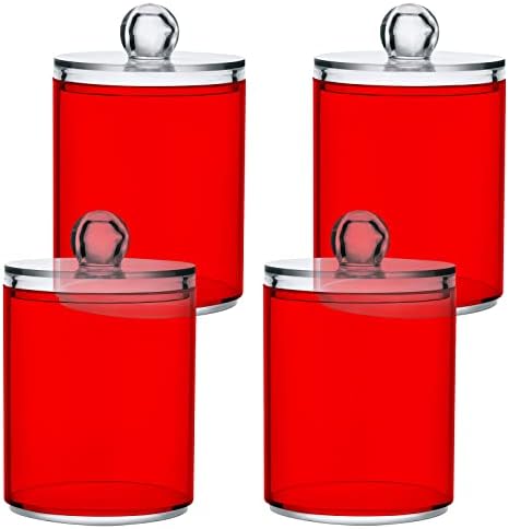 SHJI Red Qtip Holder Organizer Dispenser Cotton Swabs Cans Plastic Jars with Lid Set 2 Pack Bathroom Storage Canister for Cotton Ball Floss Cotton Pads
