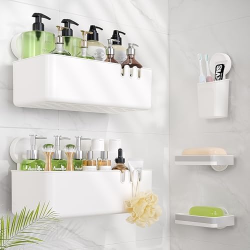 LUXEAR Shower Caddy 5 Pack Suction Cup Shower Organizer for Bathroom Storage Home &Kitchen,No Drilling Removable Plastic Shelf Organizer with Soap Dish&Toothbrush Holder Easy Install