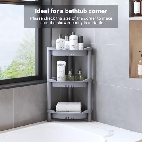 ELYKEN Corner Shower Caddy Standing, 3 Tier Plastic Shower Organizer, Grey