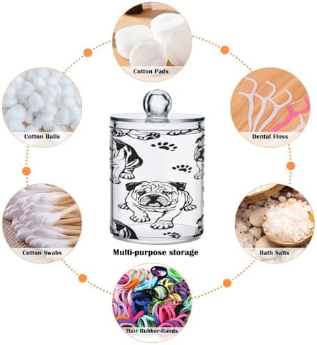 senya Clear Plastic Jars Cotton Swabs Cans, Bulldog Dog Paw Print Bathroom Canisters Storage Organizer with Lids 2PCs Set for Cotton Ball, Cotton Swab, flossers, Hair Bands