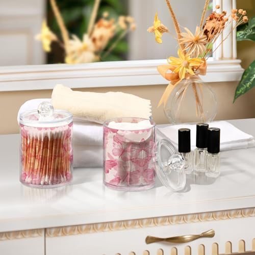 2 Pack Pink Butterflies Apothecary Jars with Lid, Qtip Holder Storage Containers for Cotton Ball, Swabs, Pads, Clear Plastic Canisters for Bathroom Vanity Organization (10 Oz)