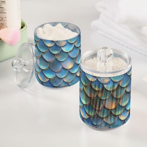 ALAZA 2pcs Blue Mermaid Scale 3D Funny Qtip Holder Dispenser 14 oz Bathroom Storage Clear Apothecary Jars Containers Cotton Ball,Cotton Rounds,Floss Picks, Hair Clips, Food