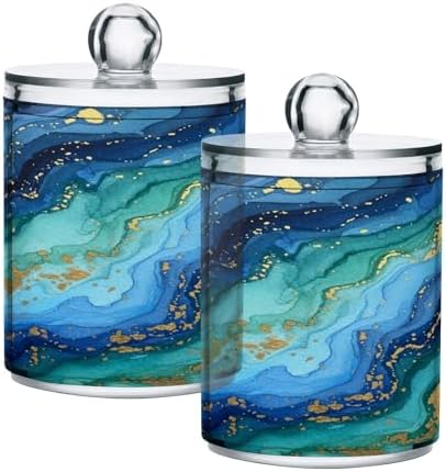 MNSRUU 2 Pack Qtip Holder Organizer Dispenser Abstract Navy Blue Marble Bathroom Storage Canister Cotton Ball Holder Bathroom Containers for Cotton Swabs/Pads/Floss