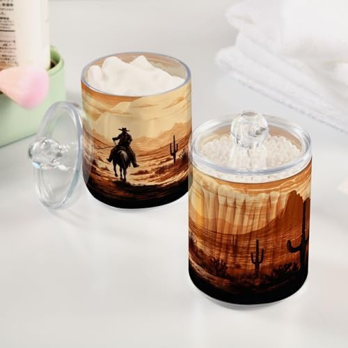 2 Pack Apothecary Jars Bathroom Vintage Western Cowboy Qtip Holder Dispenser Clear Plastic Storage Canister Jar with Lid for Cotton Ball, Cotton Swab