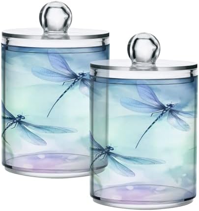 4 Pack Apothecary Jars Bathroom Watercolor Dragonflies Qtip Holder Dispenser Clear Plastic Storage Canister Jar with Lid for Cotton Ball, Cotton Swab