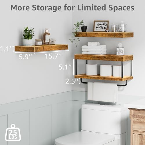 QEEIG Bathroom Floating Shelves Over Toilet (Brown, Set of 3, 15.7")