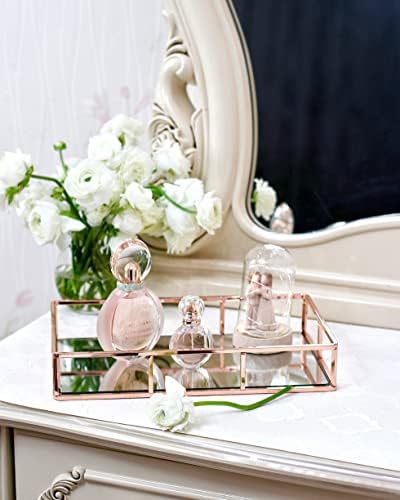 JollyCaper Rosegold Mirror Vanity Tray, Rectangle 12x8x2 Inches - Jewelry, Perfume, Makeup Organizer - Decorative Metal Tray for Dresser, Bathroom, Living Room, Bar Cart