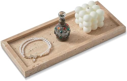 Natural Travertine Vanity Tray, Stone Organizer for Bathroom & Kitchen