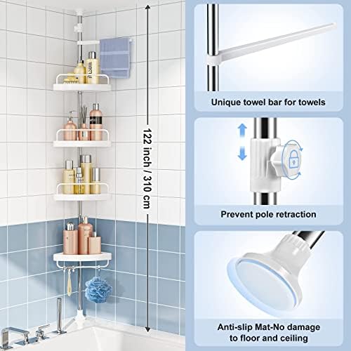 HAMITOR Corner Shower Caddy Tension Pole: Adjustable Stainless Steel Shower Organizer with 4 Tier Shelf for Bathroom Bathtub Tub Shampoo - Floor Standing Rack Bath Storage Holder with Rust Proof Rods