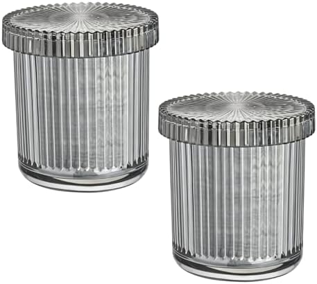 2 Pack Ribbed Glass Qtip Holder with Lid, Gray