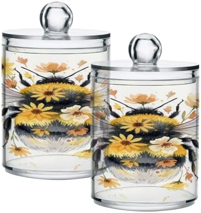 ALAZA Bumble Floral Bee 2 Pack Qtip Holder Dispenser for Cotton Swabs, Balls, Pads, Floss 10 oz Plastic Canister Organizer