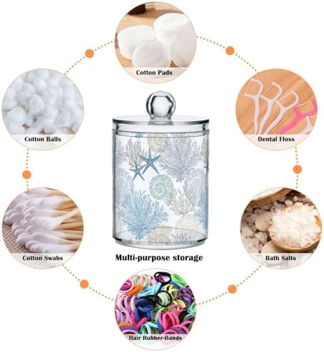 ALAZA Beach Coastal Starfish Bathroom Canister Set of 2 Seashell Coral Qtip Holder Clear Plastic Jars Holder Dispense Bathroom Organizer Storage Jars with Lids Home Decor