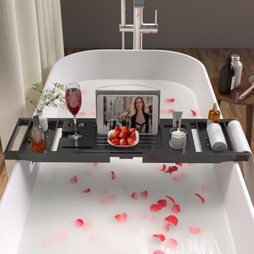 Bathtub Tray Caddy, Expandable Bamboo Bath Tray for Tub