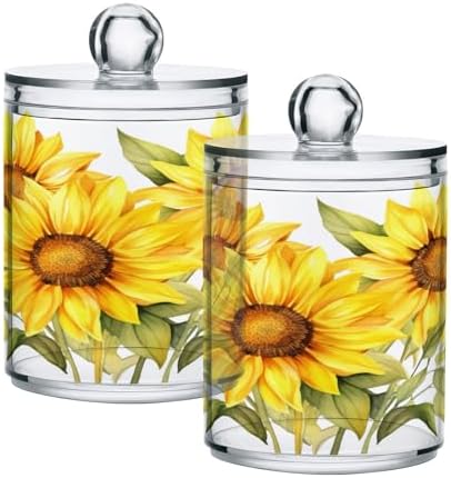 ALAZA 2 Pack Qtip Holder Sunflower Bouquet, Cotton Swab Dispenser with Lid Bathroom Containers Canister Organizer Storage Jar