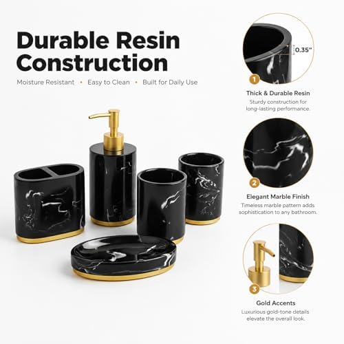 5 Piece Bathroom Accessories Set, Marble Resin Bathroom Set with Soap Dispenser, Toothbrush Holder, Soap Dish and Tumblers, Modern Bathroom Countertop Decor with Gold Accents (Black)