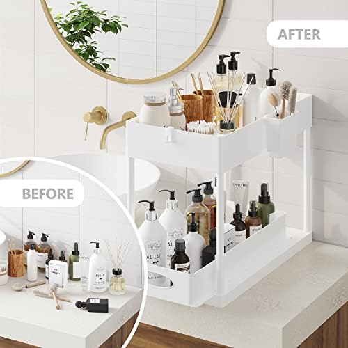 Under Sink Organizers and Storage | Bathroom Cabinet Organizer, Sink Shelf with Utility Hooks and Side Caddy for Under Cabinet Storage | White (1-Pack) Under Kitchen Sink Organizer with Sliding Drawer