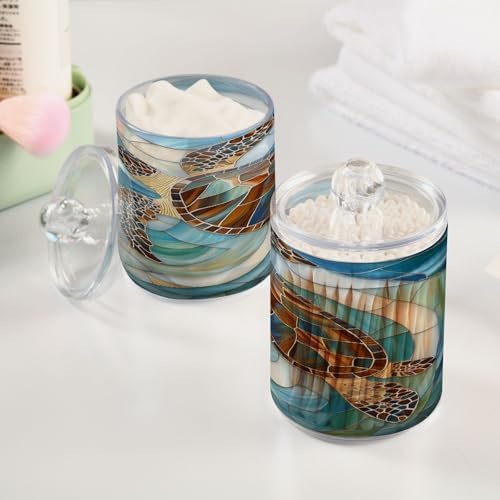 ALAZA Sea Turtle Abstract 4 Pack Qtip Holder Dispenser for Cotton Swabs, Balls, Pads, Floss 10 oz Plastic Canister Organizer