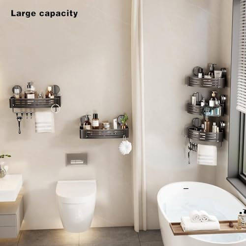 VOLPONE Shower Caddy Suction Shower Shelf No Drilling Shower Organizer Suction Cup Shower Storage Rack Aluminum Wall Mounted Shampoo Holder with Towel Bar Hooks (3-Pack, Matte Gray)