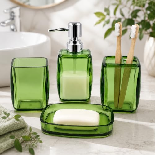 LGURT 4pc Green Acrylic Bathroom Set — Soap Dispenser & Divided Cup