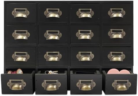 16 Drawers Apothecary Cabinet Library Card Catalog Cabinet Card Catalog Drawer with Metal Handles & Label Slot Wooden Desk Drawer Organizer for Herb Storage, Tea Collection (Black)