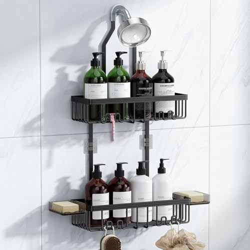 Shower Caddy Hanging, Shower Organizer Hanging, Aluminum Shower Racks for Inside Shower with Hooks for Razor, Never Rust Bathroom Organizers and Storage with Soap Holder, Black