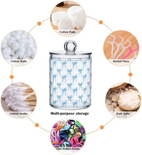 Gredecor 4 Pack Qtip Holder Clear Blue Ribbon Bow Watercolor Apothecary Jars with Lids Acrylic Bathroom Jars Vanity Countertop Canister Storage Organizer for Cotton Ball,Swabs,Pads,Floss