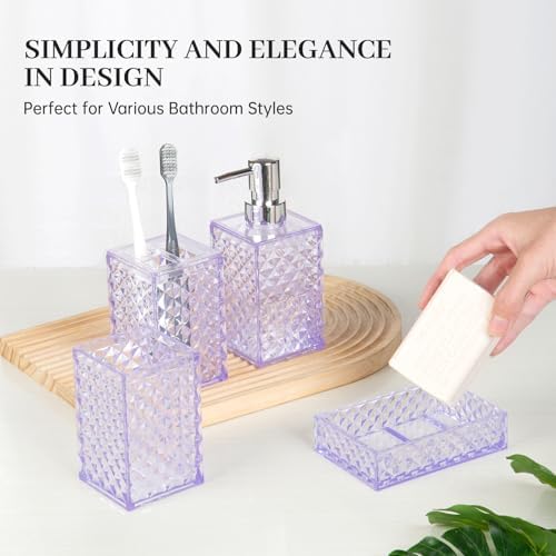 Bathroom Accessory Set, Grid Pattern 4 Pcs Plastic Bathroom Set, Purple