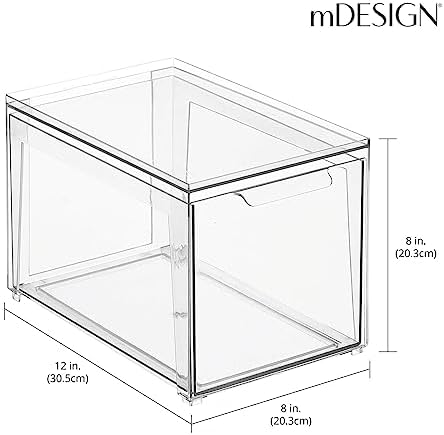 mDesign Plastic Stackable Bathroom Storage with Pull Out Bin Organizer Drawer for Cabinet, Vanity, Shelf, Cupboard, Cabinet, or Closet Organization - Lumiere Collection - Clear