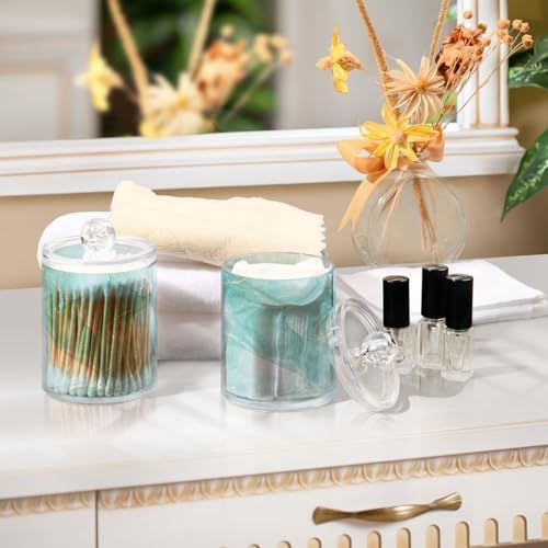 2 Pack Qtip Holder Dispenser Turquoise Marble Bathroom Storage Canister Lid 10 oz Acrylic Plastic Apothecary Jar Set Vanity Makeup Organizer for Cotton Swab/Ball/Round Pads, Floss