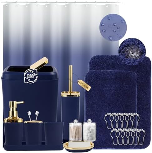 XLHOMO Blue Bathroom Set, Bathroom Sets with Shower Curtain and Rugs