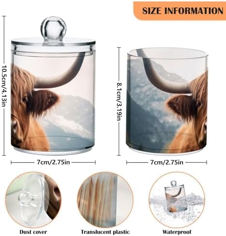 4 Pack Apothecary Jars Bathroom Highland Cow Qtip Holder Dispenser Clear Plastic Storage Canister Jar with Lid for Cotton Ball, Cotton Swab