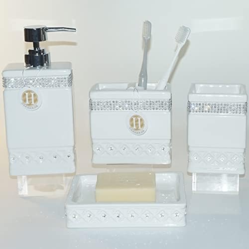 Bathroom Accessories Set 4 Pcs-Ceramic Gift Set Soap Dispenser Pump & Toothbrush Holder & Tumbler Cup & Soap Dish - Bathroom Home Decor Clearance, Countertop Vanity Organize (15 Ounce)