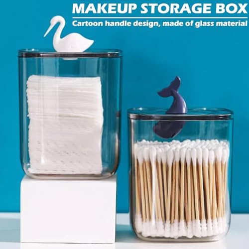 2 Pack Qtips Holder Dispenser,Cute animal shape Jar with Clear Lid Dustproof Cover,for Cotton Ball Swabs Round Pads Toothpick, Clear Plastic Jar Set for Bathroom Canister Storage Organization