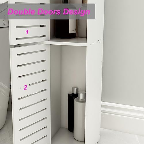 Small Bathroom Storage Cabinet, Over The Toilet Storage Cabinet for Skinny Bathroom Floor, Slim Toilet Paper Storage with Double Doors & Shelves - White