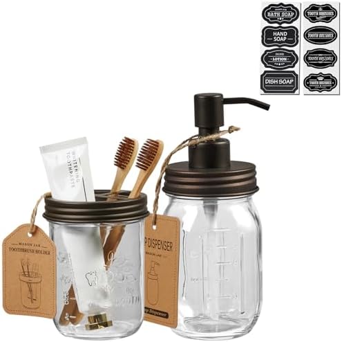 SheeChung 2 Piece Mason Jar Soap Dispenser and Toothbrush Holder Set,Bronze