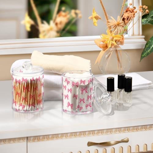 ALAZA Cute Bow White 2 Pack Qtip Holder Dispenser for Cotton Swabs, Balls, Pads, Floss 10 oz Plastic Canister Organizer