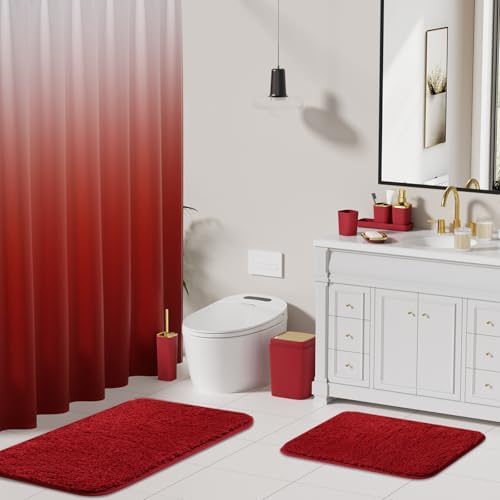 XLHOMO Burgundy Bathroom Set with Shower Curtain and Rugs,Red Bathroom Set