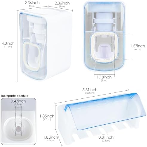 5 Slots Wall Mount Toothbrush Holder with Cover, Self Adhesive Toothbrush Storage Organizer for Shower, Toothbrush Hanger with Automatic Toothpaste Squeezer Dispenser(White + Blue)