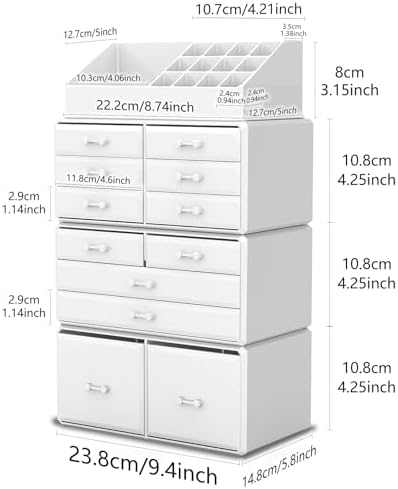 Readaeer Makeup Cosmetic Organizer Storage Drawers Display Boxes Case with 12 Drawers (White)