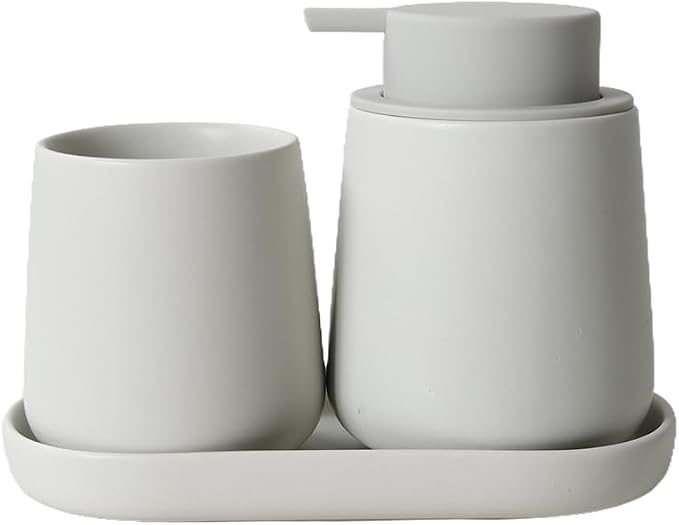 BosilunLife Ceramic Bathroom Accessories Set 3 Pcs | Foaming Soap Dispenser and Toothbrush Holder with Tray, Modern Farmhouse Vanity Decor, Light Grey Housewarming Gift